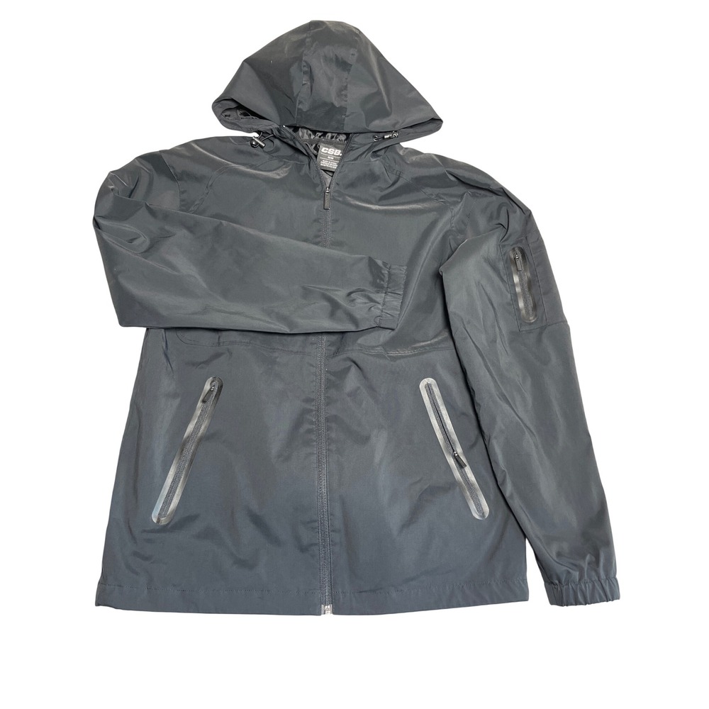CSG Mens Full Zip Hooded Windbreaker Jacket Black Techwear Utility Pocket Medium